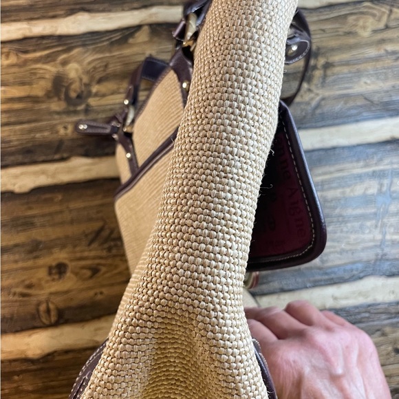 Etienne Aigner woven tan jute handbag with burgundy trim - Picture 12 of 16